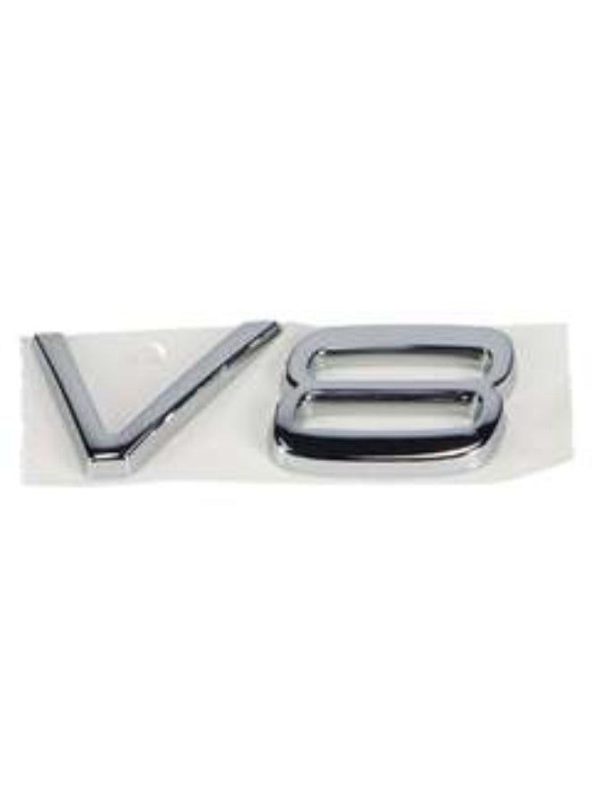 The shiny metal V8 logo pictured is a universal car emblem used to decorate vehicles. This emblem features a raised, three-dimensional design that represents the letter "V" and the number "8" separately.